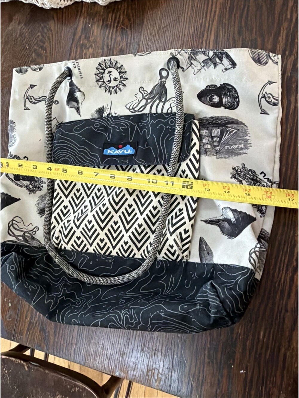 Kavu Rope Market Bag Black & Beige Mixed Print Nautical Ships Octopus Sun - Picture 10 of 11
